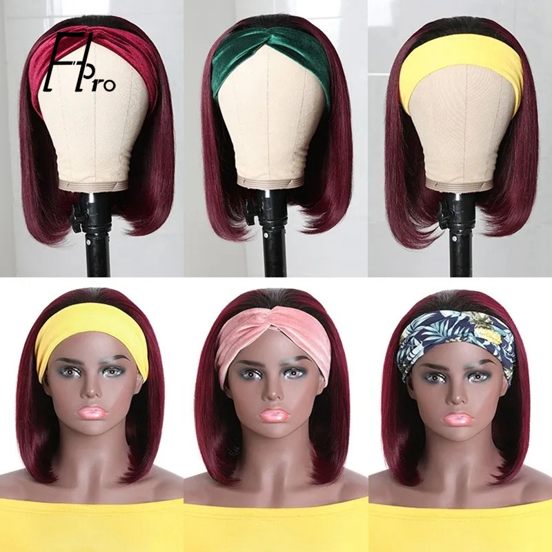 Headband Wig Straight Short Bob Wig Human Hair Glueless Wigs 1B-99J Wigs